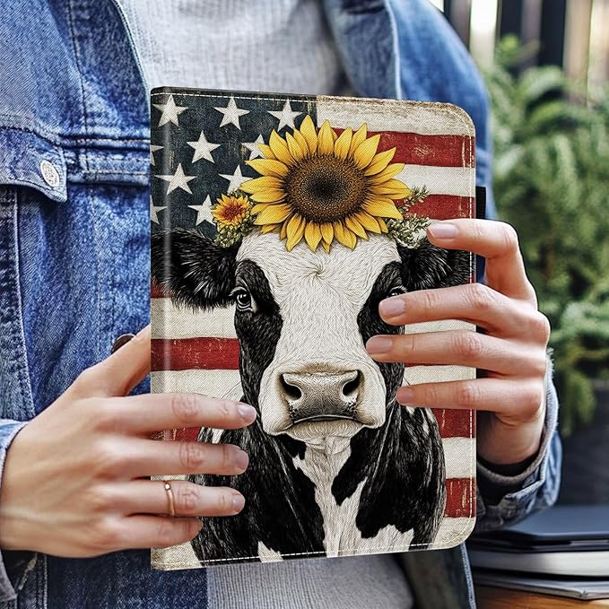 Case for iPad 9th / 8th / 7th Generation (2021/2020/2019) 10.2 inch/iPad Air 10.5 2019 / iPad Pro 10.5 2017Wallet PU Leather Folio Cover with Auto Sleep/WakeAmerican Flag Cow Sunflower