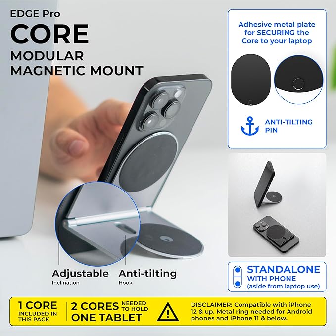 Rolling Square Edge Pro Core - Magnetic Mount Phone Holder Stand for Computers and Tablets | Secure Metal Plate Adhesive or Standalone Mode Compatible with MagSafe Qi and Non-MagSafe Devices Black