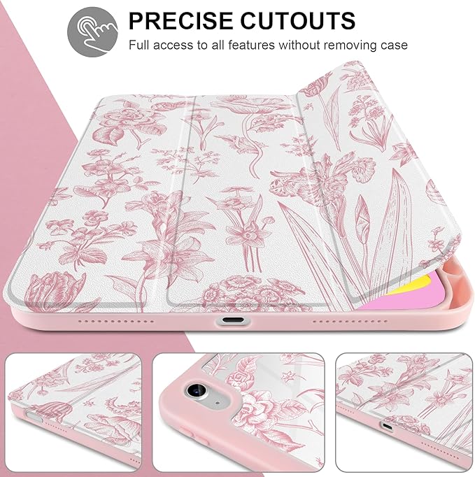 DONGKE Case for iPad (A16) 11th Generation 11 inch 2025 &amp iPad 10th Gen 10.9 inch 2022 [Built-in Pencil Holder] Clear Acrylic Back Trifold Stand Smart Cover Auto Sleep/Wake Pink Florals