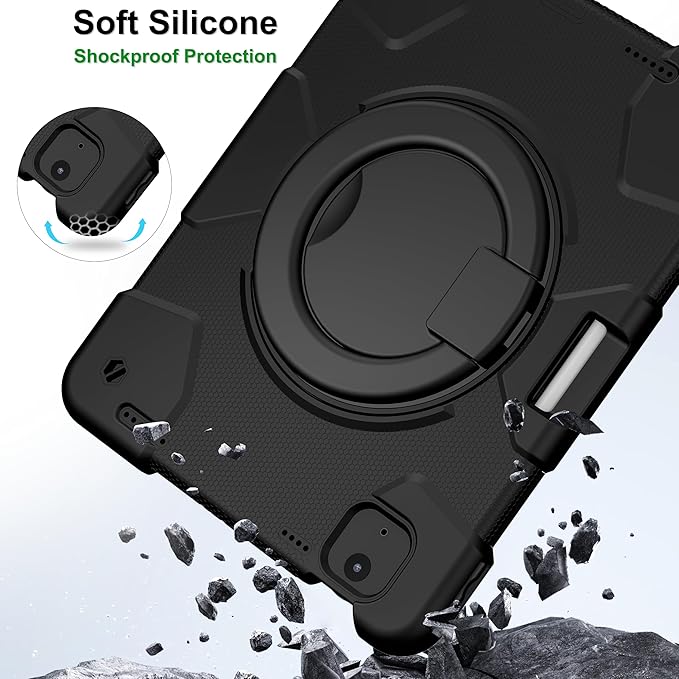 Case for iPad Air 11 inch Case M3 2025/ M2 2024 (Air 7th/6th Generation) Heavy Duty Shockproof Cover with Screen Protector 360° Rotating Stand Pencil Holder Shoulder Strap (Black)