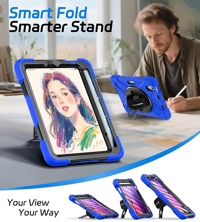 BRAECNstock Case for Apple iPad mini 7 (A17 Pro) 2024/ Mini 6 8.3 with Screen Protector Pencil Holder [360 Rotating Hand Strap] &ampStand Shockproof Protective iPad mini 7th/6th Gen Kids Case Bl