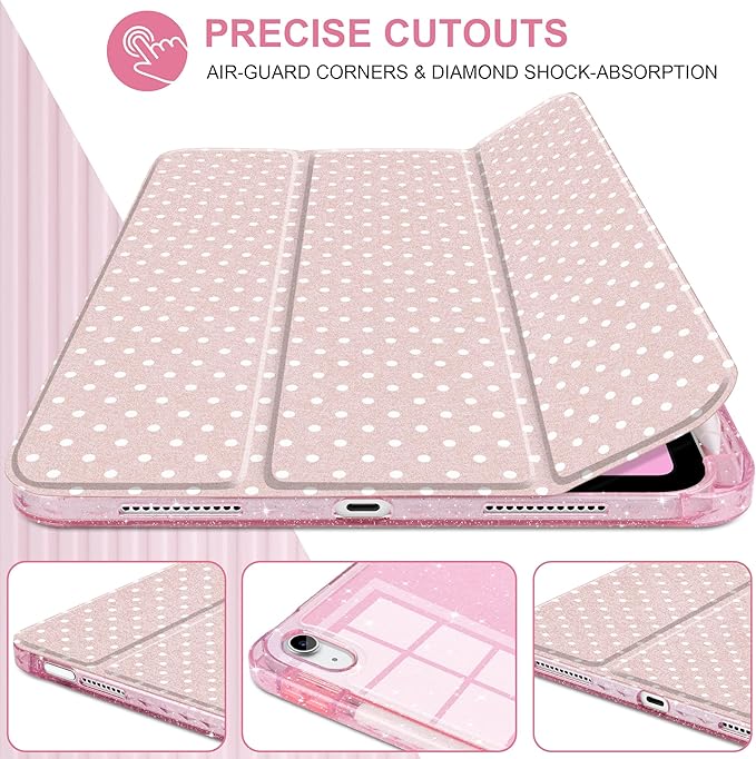 MEEgoodo Case for iPad A16 11th Generation 2025/10th Generation 2022 Glitter Tablet Cases with Transparent Acrylic Back+Trifold Stand +Pencil Holder+Auto Wake/SleepBlush Pink &amp Polka Dots