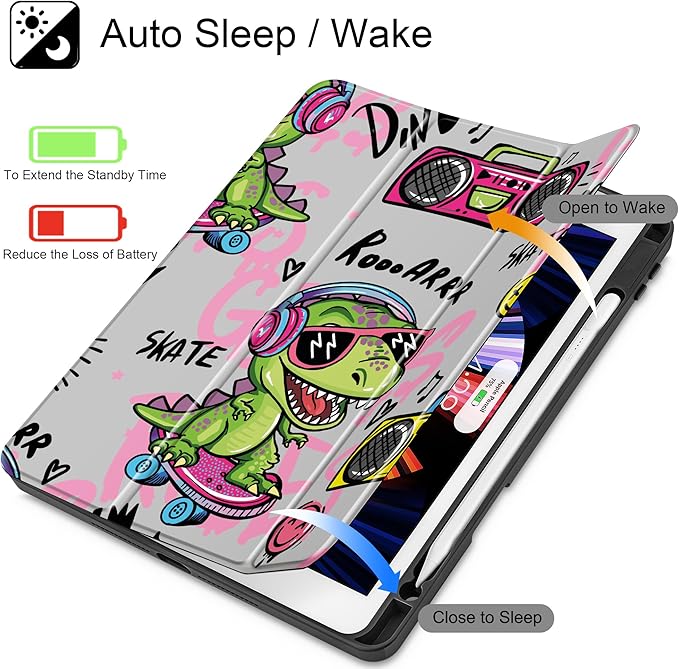 Mektron Printed Case for iPad 10.2 Inch 2021/2020/2019 for iPad 9th/8th/7th Generation Case Buit in Pencil Holder with Shockproof Cover Clear Shell + Trifold Stand + Auto Wake/Sleep Cool Dinosaur