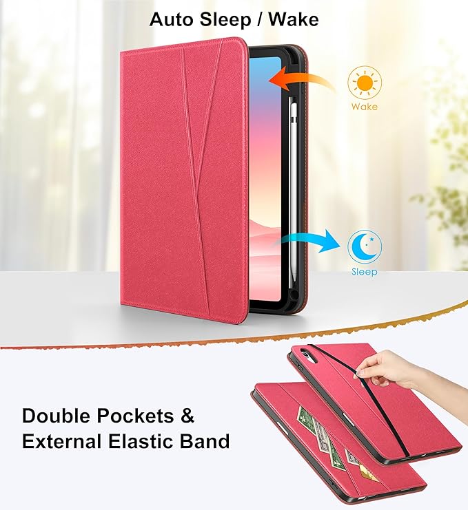 DTTO for iPad A16 Case iPad 11th / 10th Generation Case (2025/2022) 360 Degree Rotating Premium Leather Folio Stand Cover with Pencil Holder Watermelon Red