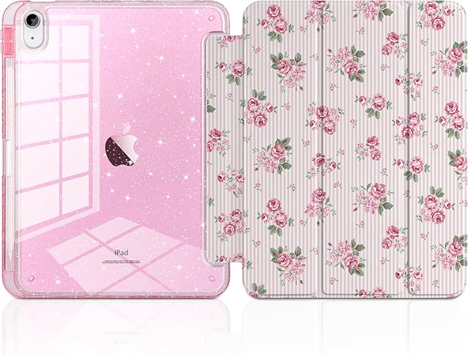 TWOLSKOO Sparkly Case for iPad Pro 11 inch (M5 2025 / M4 2024) Glitter Hard Acrylic Back with Pencil Holder Slim Trifold Stand Folio Cover Auto Sleep/Wake Roses