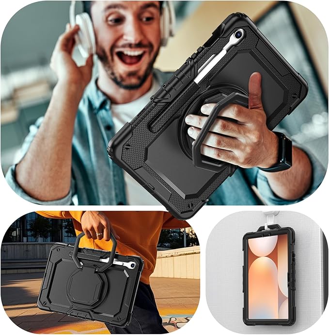 HXCASEAC Case for Galaxy Tab S10 lite / S10 FE / S9 FE 10.9 Inch Shockproof | 360° Rotating Stand | S Pen Holder | Screen Protector | Shoulder Strap | Samaung S10 Lite Tablet Case Kids Black