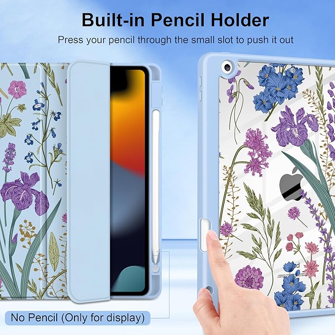 DONGKE for iPad 9th/8th/7th Generation Case 10.2 Inch (2021/2020/2019) [Auto Sleep/Wake &amp Pencil Holder] Clear Acrylic Back Trifold Stand Cover Blue Botanical Wildflower