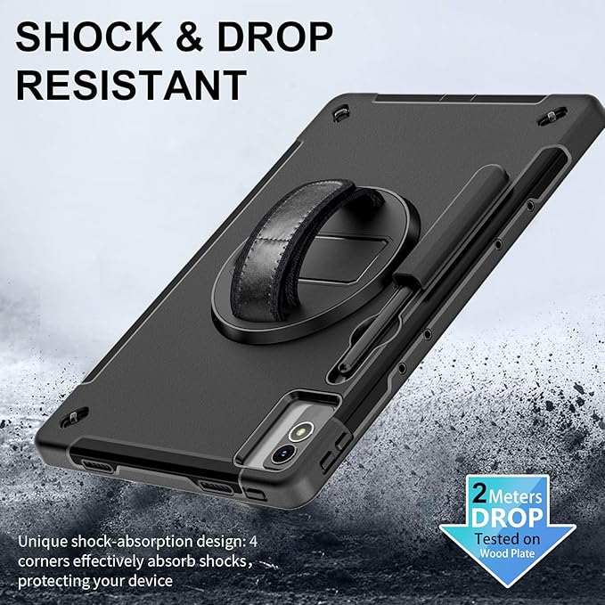 Junfire Protective Case for Lenovo Tab P12 12.7-inch 2024/2023 Shockproof Lenovo P12 Case with 360°Rotating Kickstand/Hand Strap/Shoulder Strap/Stylus Holder-Black