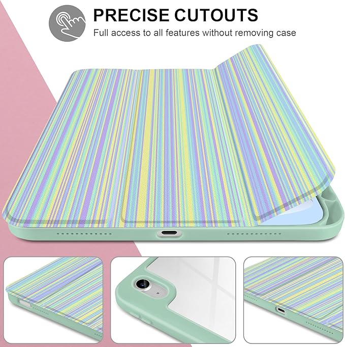 Case for iPad (A16) 11th Generation 11 inch 2025 /iPad 10th Gen 10.9 2022 - Aesthetic Cute Preppy Design Trifold Cover with Soft TPU Bumper Clear Back Auto Sleep/Wake Lines Green