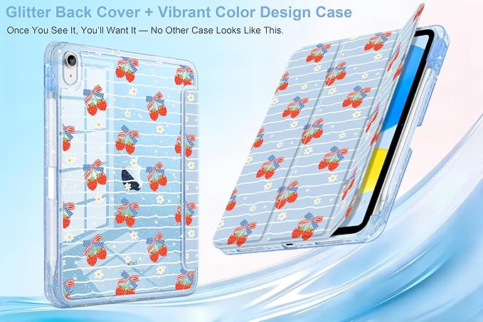 MEEgoodo Case for iPad A16 11th Generation 2025/10th Generation 2022 Glitter Tablet Cases with Transparent Acrylic Back+Trifold Stand +Pencil Holder+Auto Wake/SleepRibbon Bow &amp Girly Stripes
