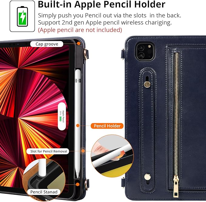 Dteck Case for iPad Air 13 inch M2 2024/iPad Pro 12.9 Case 6th/5th/4th/3rd Generation 2022/2021/2020/2018Premium PU Leather Shockproof Protective Case Zipper Pocket Strap Soft TPU CoverDarkblue