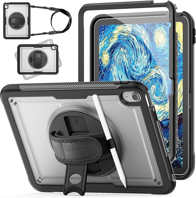 Compatible for iPad A16 Case for iPad 11th/10th Generation Case 11/10.9 Inch 2025/2022 Drop Protection with Screen Protector | 360° Rotate Hand Strap | Stand | Shoulder Strap Clear