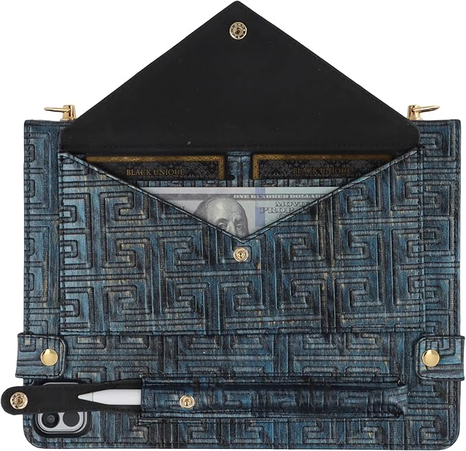 Handbag Case for iPad Pro 13 M5 M4 (2025/2024) - Techcircle Vintage Pattern Crossbody PU Leather Folio Envelope Pocket Stand Cover w/Hand Strap+Shoulder Strap+Pencil Holder+Card Slots Retro Navy