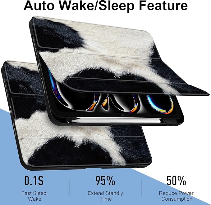 TWOLSKOO Case for iPad Pro 11-inch (M5 2025 / M4 2024) Clear Acrylic Back with TPU Bumper Pencil Holder Trifold Stand Auto Sleep/Wake Cow Print