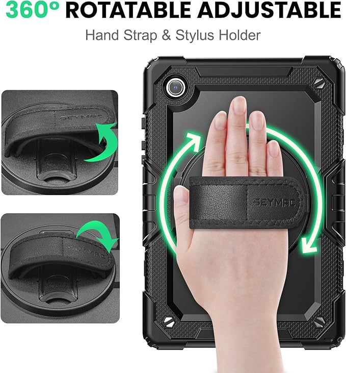 SEYMAC for Samsung Galaxy Tab A8 Case 10.5 Inch (SM-X200/ X205/ X207) Heavy Duty Full-Body Shockproof Protective Case with Screen Protector Rotating Stand Hand/Shoulder Strap and Pen Holder Black