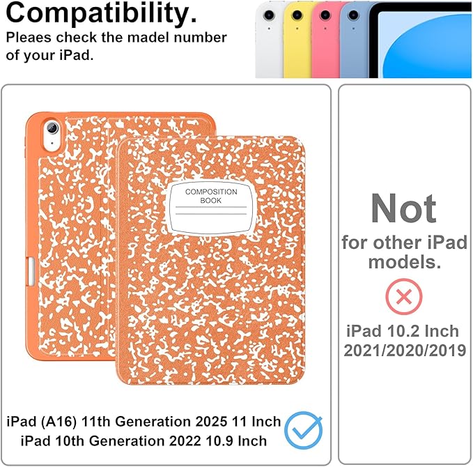 Supveco Case for iPad (A16) 11th Generation 11 inch (2025)iPad 10th Generation 10.9 inch (2022) with Pencil Holder-[Auto Wake/Sleep]Premium Folio Stand Case with Soft TPU Back Cover-Orange Book