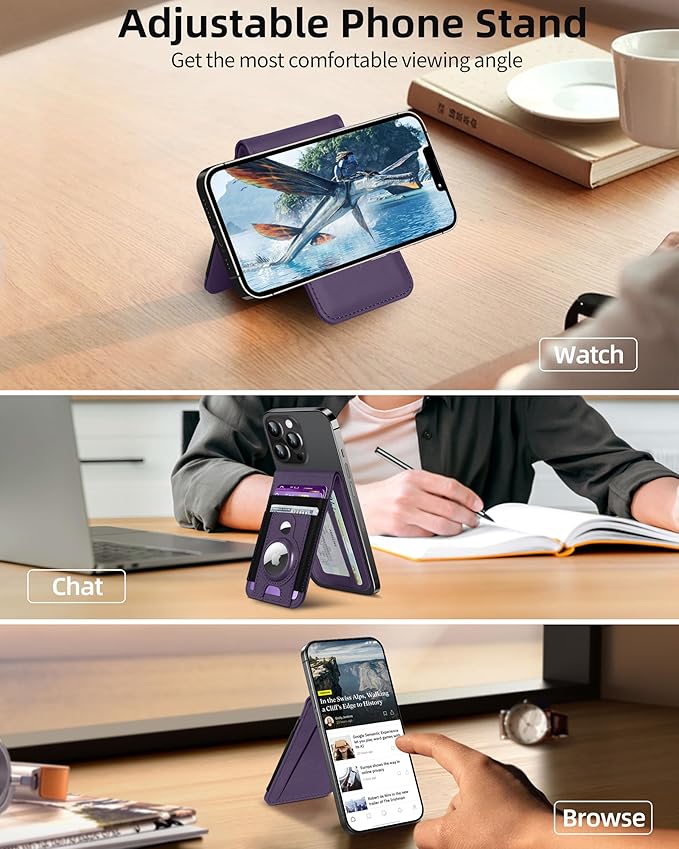 for Magsafe Wallet Stand with Airtag Holder Strongest Magnetic Wallet for iPhone 17/16/15/14/13/12 Series ID Window 4 Card Slots 10 Cards Holder Vegan Leather RFID Blocking Purple