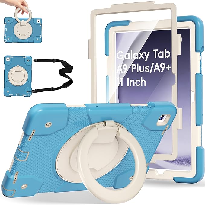 Case for Samsung Galaxy Tab A9+/A9 Plus Case 11 Inch with Screen Protector/360° Rotating Stand/Pen Holder/Shoulder Strap Shockproof Cover for Tablet A9+ 5g (Blue)