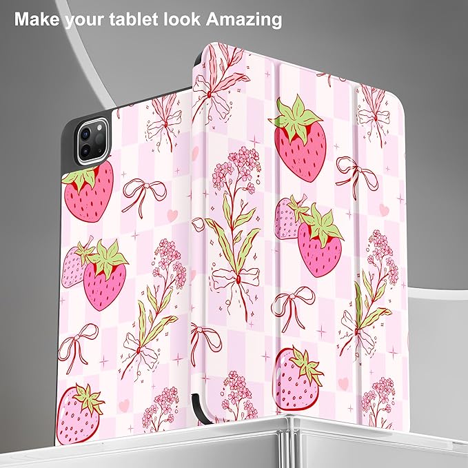 May Chen Case for iPad Pro 11 inch (4th 3rd 2nd &amp 1st Gen) 2022 2021 2020 2018Trifold Stand with Auto Wake/Sleep Soft TPU Protective Stand Back Cover Strawberry Bow