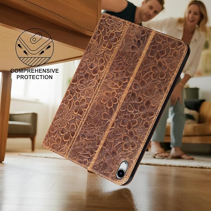 Leather Case for iPad (A16) 11th Gen. 2025 11 Inch iPad 10th Gen.2022 10.9 Inch Full Grain Leather Cover with Auto Sleep/Wake Anti Slip Brown Flower
