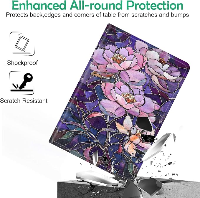 Compatible with iPad Air 13 inch Case (M3 2025 /M2 2024)/12.9 inch Case (6th/5th/4th/3rd 2022/2021/2020/2018) with Pencil HolderAuto Wake/Sleep Protect CoverStained Glass Flower Floral Purple