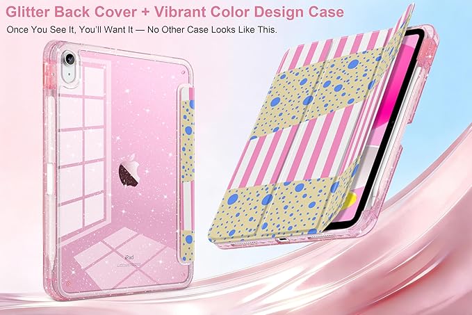 MEEgoodo Case for iPad A16 11th Generation 2025/10th Generation 2022 Glitter Tablet Cases with Transparent Acrylic Back+Trifold Stand +Pencil Holder+Auto Wake/SleepPink Stripes &amp Blue Dots