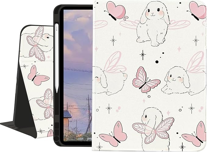 Cute Bunny Case for iPad Air 6th 11 2024/ iPad Air 5th 2022/Air 4th 2020 10.9Textured Folio Case with Pencil Holder Multi-Angle View Adjustable Stand Auto Wake/Sleep for Girls Boys