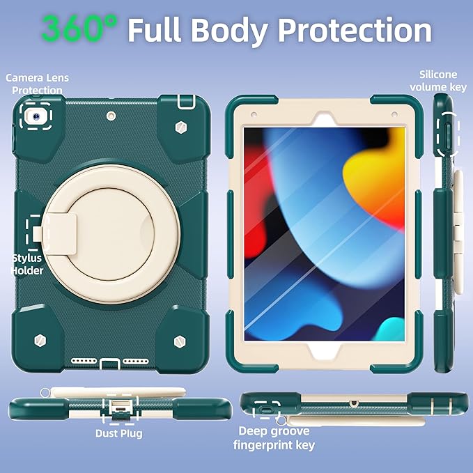 Case for iPad 9th/8th/7th Generation 10.2 inch Shockproof Cover with Screen Protector/360° Rotate Stand/Pencil Holder/Shoulder Strap Kids Case for iPad 2021/2020/2019 (Dark Green+White)
