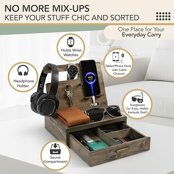 Nightstand Organizer for Men- Phone Docking Station with Drawer for Cellphone Watches Sunglasses &amp Accessories- Makes an Ideal Gift for Dad or Son (Rustic)