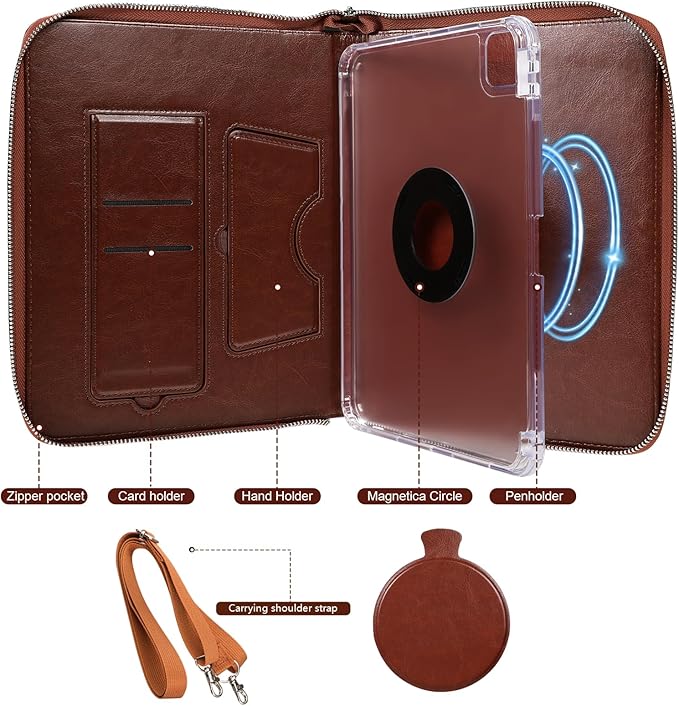 E NET-CASE Case for iPad Air 11 M4/M3/M2 (2026/2025/2024)/iPad (A16) 11th Gen 11 2025/iPad Air 5th/4th Gen (2022/2020) 10.9with Pen Holder/Hand Strap/Carrying Shoulder Strap (Brown)