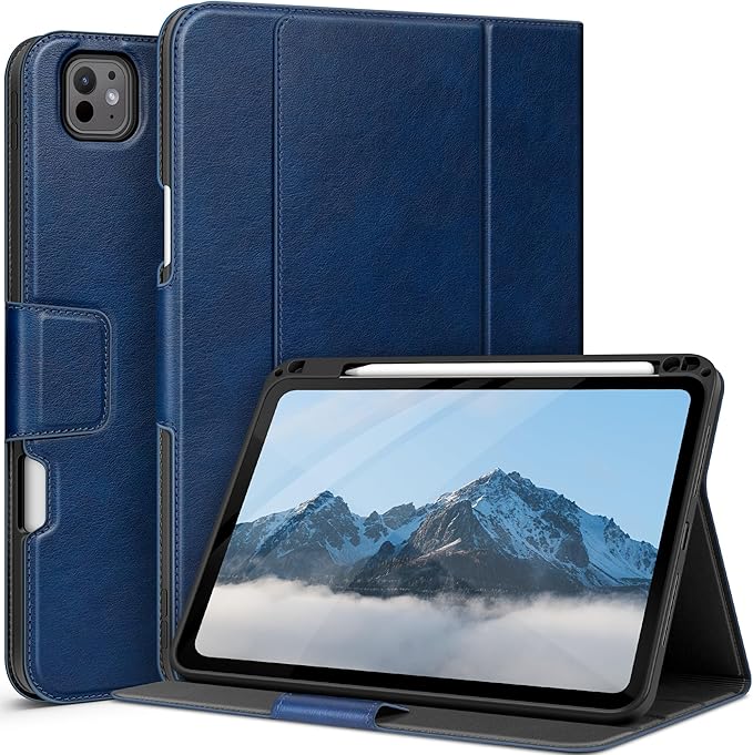 auaua Case for iPad Pro 11 Inch (M5/M4) 2025/2024 with Pencil Holder and Pocket Multiple Angles Viewing Magnetic Closure Auto Sleep/Wake (Blue)