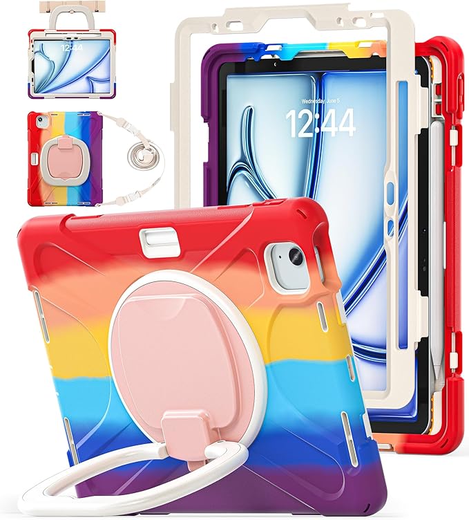 BATYUE Case for Air 11-inch M4 (2026)/M3 (2025)/M2 (2024) iPad Air 5th/4th 10.9 inch(2022/2020) iPad Pro 11 4th/3rd/2nd/1st Kids Cover with 360° Rotating Stand Pencil Holder Carrying Strap Red