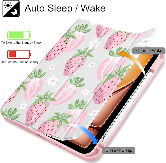 May Chen Case for iPad Air 13 Inch M4 2026 M3 2025 M2 2024 [Built-in Pencil Holder] Shockproof Cover with Clear Transparent Back Shell Auto Sleep/Wake Cover Strawberries