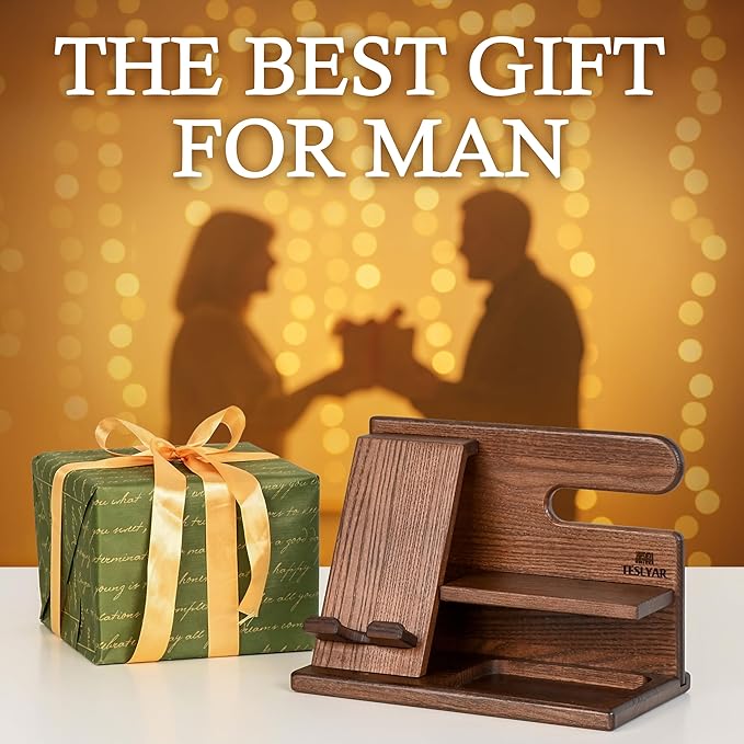 TESLYAR Wood Phone Docking Station for Men - Desktop or Nightstand Organizer - Birthday Gifts for Men Dad - Anniversary Idea from Wife - Key Holder Stand Wallet Watch &amp Essentials (Bourbon Brow