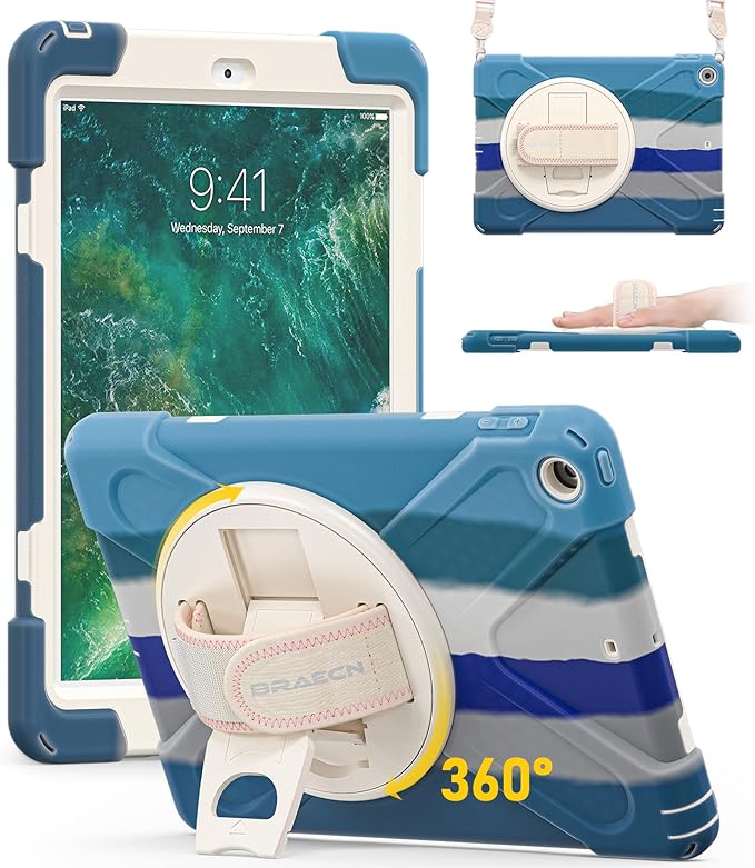 BRAECN Case for iPad 6th/5th Generation 9.7 inch 2018/2017 Protective Heavy Duty Shockproof Cover for Kids/Adults 360° Rotating Hand Strap/Stand &amp Detachable Shoulder Strap Rainbow Blue