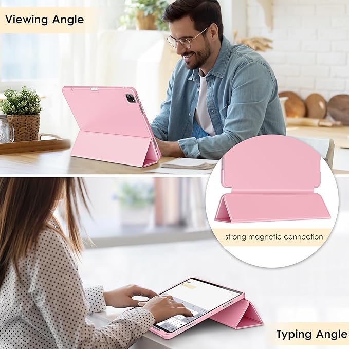 DTTO for iPad Air 13 Inch Case M4/M3/M2 2026/2025/2024 iPad Pro 12.9 Inch Case (6th/5th/4th/3rd Gen) Smart Slim Trifold Stand Soft Cover with Pencil Holder Pink