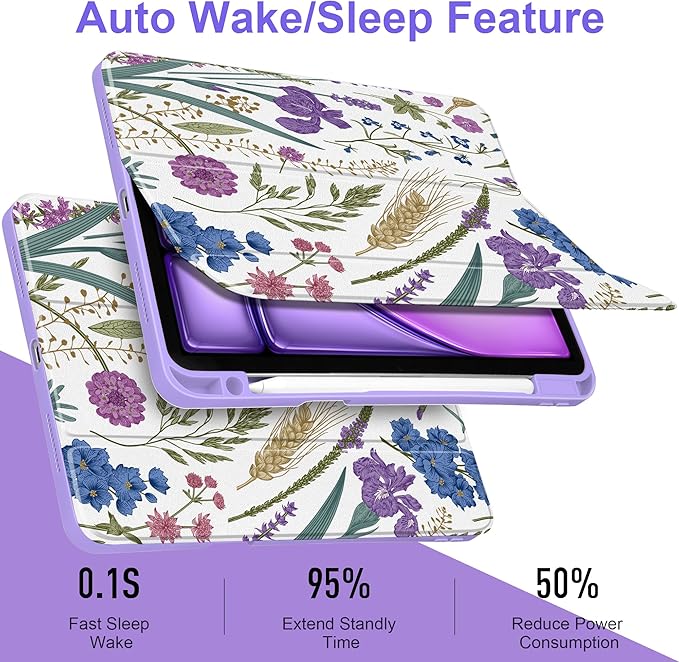 DONGKE Case for iPad Air 11-inch M4 2026 &amp M3 2025 &amp M2 2024 iPad Air 5th/4th Gen 10.9 2022/2020 [Built-in Pencil Holder] Clear Acrylic Back Trifold Stand Smart Cover Purple Botanical Wild