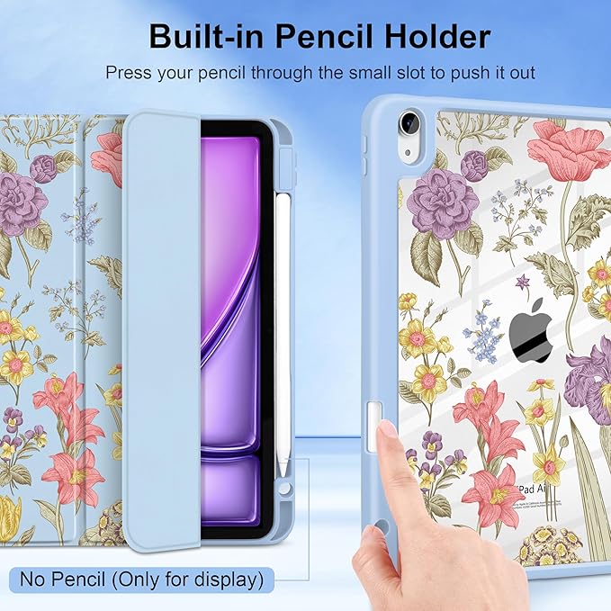DONGKE Case for iPad Air 11-inch M4 2026 &amp M3 2025 &amp M2 2024 iPad Air 5th/4th Generation 10.9 2022/2020 [Built-in Pencil Holder] Clear Acrylic Back Trifold Stand Smart Cover Blue Botanical
