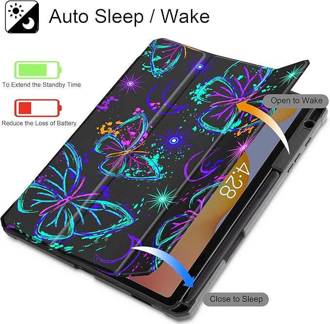 Mektron Case for Samsung Galaxy Tab S6 Lite 10.4 Inch 2024/2022/2020 with S Pen Holder Multi-Angle Viewing with Shockproof Cover Clear Shell + Trifold Stand + Auto Wake/Sleep Fantasy Butterfly