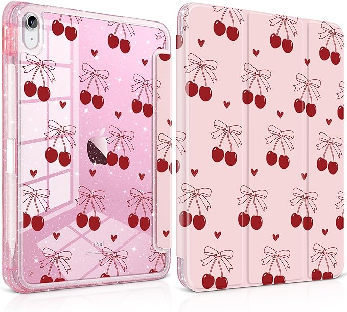 TWOLSKOO Sparkly Case for iPad Pro 11 inch (M5 2025 / M4 2024) Glitter Hard Acrylic Back with Pencil Holder Slim Trifold Stand Folio Cover Auto Sleep/Wake Cherry &amp Heart