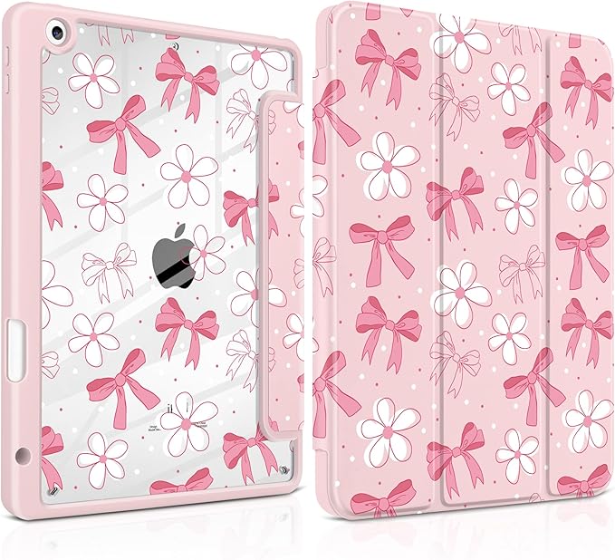 DONGKE for iPad 9th/8th/7th Generation Case 10.2 Inch (2021/2020/2019) [Auto Sleep/Wake &amp Pencil Holder] Clear Acrylic Back Trifold Stand Cover Bow &amp Daisy