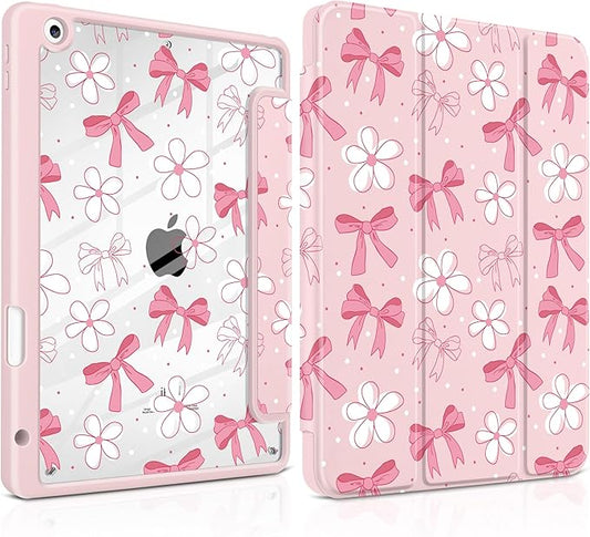 DONGKE for iPad 9th/8th/7th Generation Case 10.2 Inch (2021/2020/2019) [Auto Sleep/Wake &amp Pencil Holder] Clear Acrylic Back Trifold Stand Cover Bow &amp Daisy