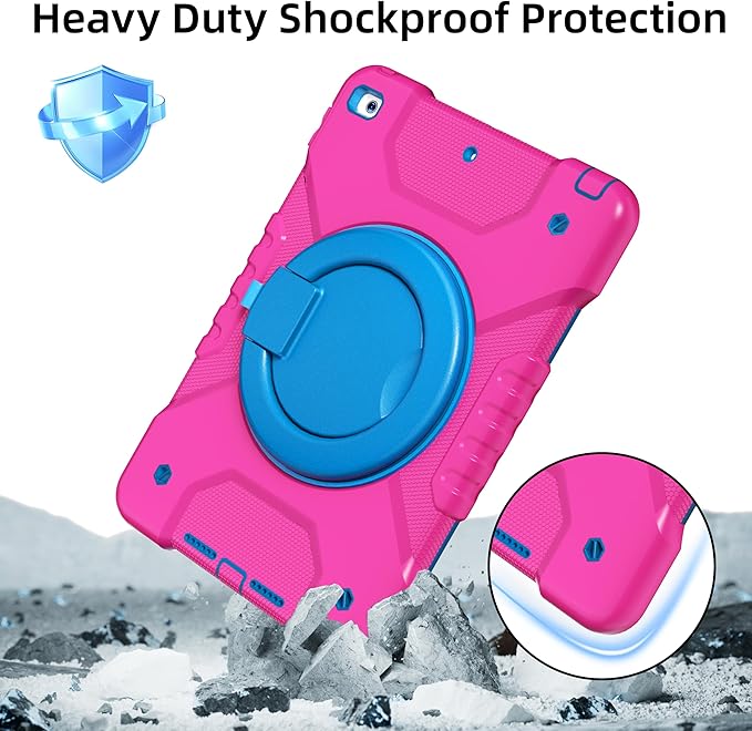 Case for iPad 9th/8th/7th Generation 10.2 inch Shockproof Cover with Screen Protector/360° Rotating Handle/Bracket/Pen Holder/Shoulder Strap Kids Case for iPad 2021/2020/2019 (Pink+Blue)