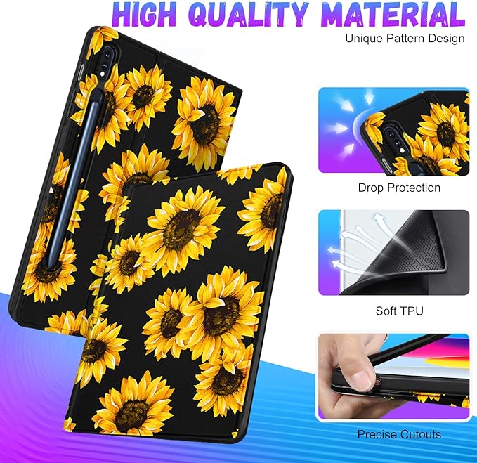 for Samsung Galaxy Tab S9 Plus Case 12.4 Inch 2023 Folio Cover with Pencil Holder Cute Pretty Design Girly Kawaii Black Sunflower Tablet Case