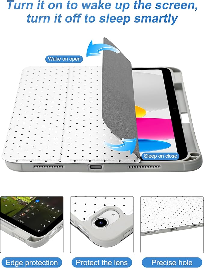 Compatible with iPad Pro 11 Inch (M5) 2025 /(M4) 2024 Case with Pencil Holder Cute Polka Dots Aesthetic Design Soft TPU Trifold Stand Protective White