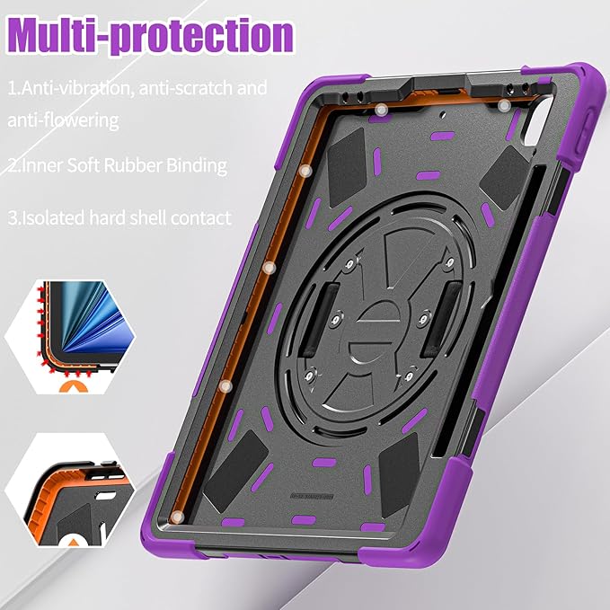 for iPad Air 13-inch M2 (2024) A2898/A2899 for iPad Pro 12.9 Rugged Case Portable Heavy Duty Shock-Proof Armor Cover with Swivel Kickstand/Hand Grip Shoulder Strap Pencil Holder (Purple)