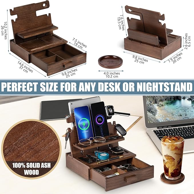 Wood Phone Docking Station for up to 3 Phones - Nightstand Organizer with Drawer for Valuables for Men &amp Women Compatible with Apple Watch Holds Phones Tablets Keys Rings Glasses Watches &a