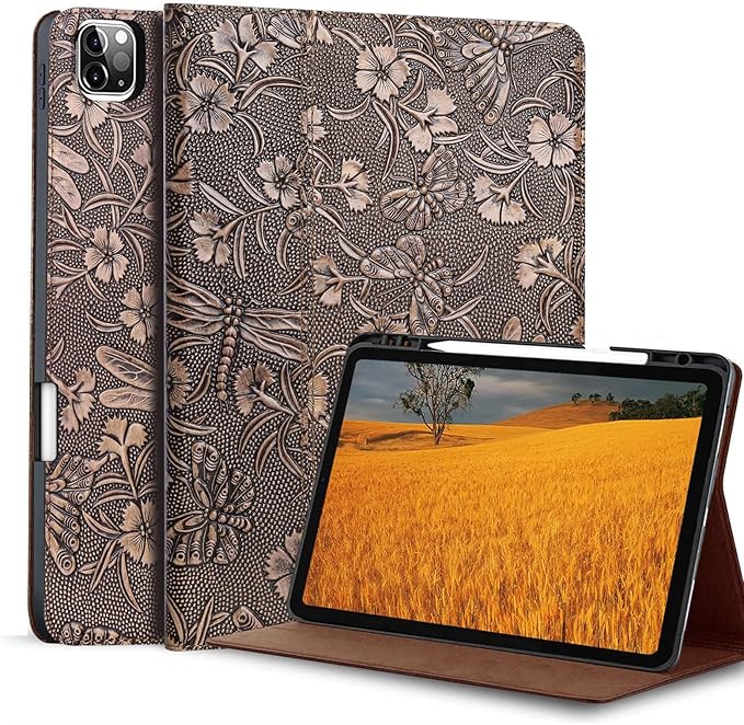 Gexmil Genuine Leather Case for iPad Pro 11 Inch (M5/M4) 2025/2024 with Pencil HolderProtective Shockproof Leather Smart Folio Cover Adjustable Stand Auto Sleep/Wake Anti-Slip Butterfly Grey