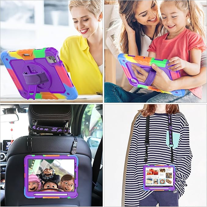 SEYMAC stock Case for iPad Mini 7 (A17 Pro)2024/ Mini 6 8.3'' with Screen Protector Pencil Holder [360 Rotating Hand Strap] &ampStand Drop-Proof Case for iPad Mini 7th/6th Generation 8.3Purple+Colo