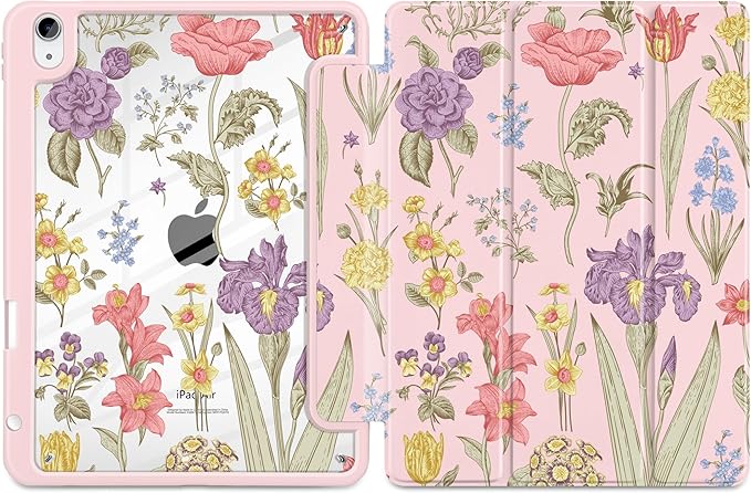 DONGKE Case for iPad Air 11-inch M4 2026 &amp M3 2025 &amp M2 2024 iPad Air 5th/4th Generation 10.9 2022/2020 [Built-in Pencil Holder] Clear Acrylic Back Trifold Stand Smart Cover Pink Botanical